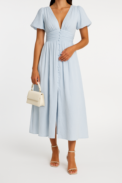 Robe Longue femme à careaux, Manches Bouffantes et Décolleté en V