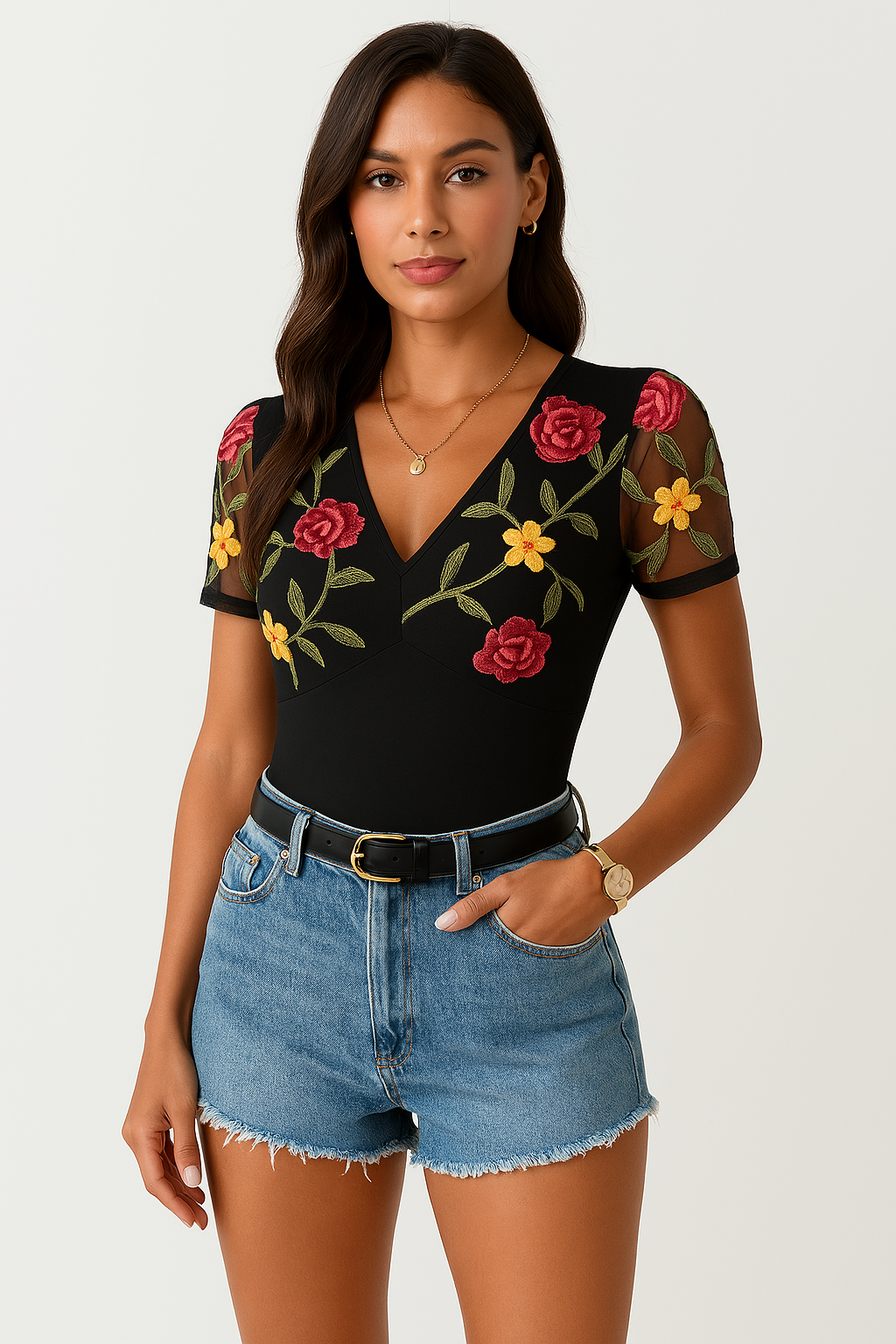 Women’s Bodysuit – Slim Fit – V-Neck – Mesh Sleeves – Embroidered Floral Design