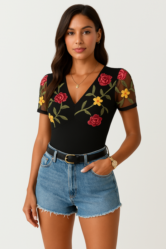 Women’s Bodysuit – Slim Fit – V-Neck – Mesh Sleeves – Embroidered Floral Design