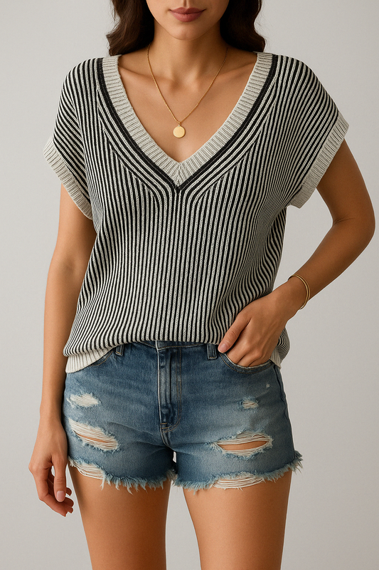 Pull Sans Manches à Col V en Maille Côtelée Coupe Décontractée pour Femme