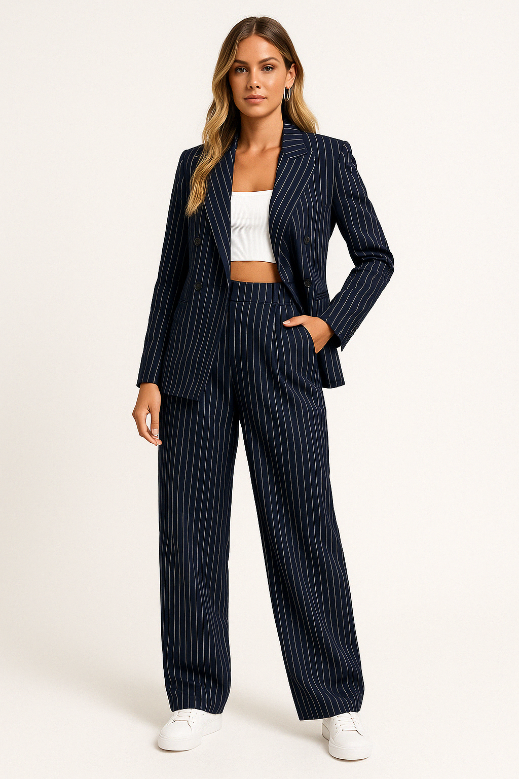 Ensemble Blazer et Pantalon Femme – Coupe Cintrée, Rayures, Taille Haute Évasée