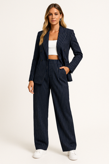 Women's Blazer and Pants Set - Slim Fit, Stripes, High Flared Waist