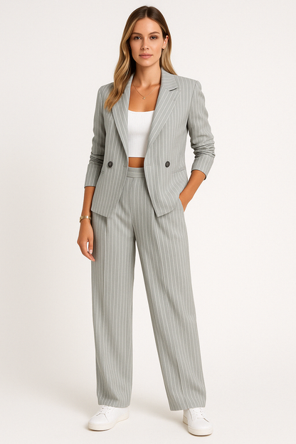 Women's Blazer and Pants Set - Slim Fit, Stripes, High Flared Waist