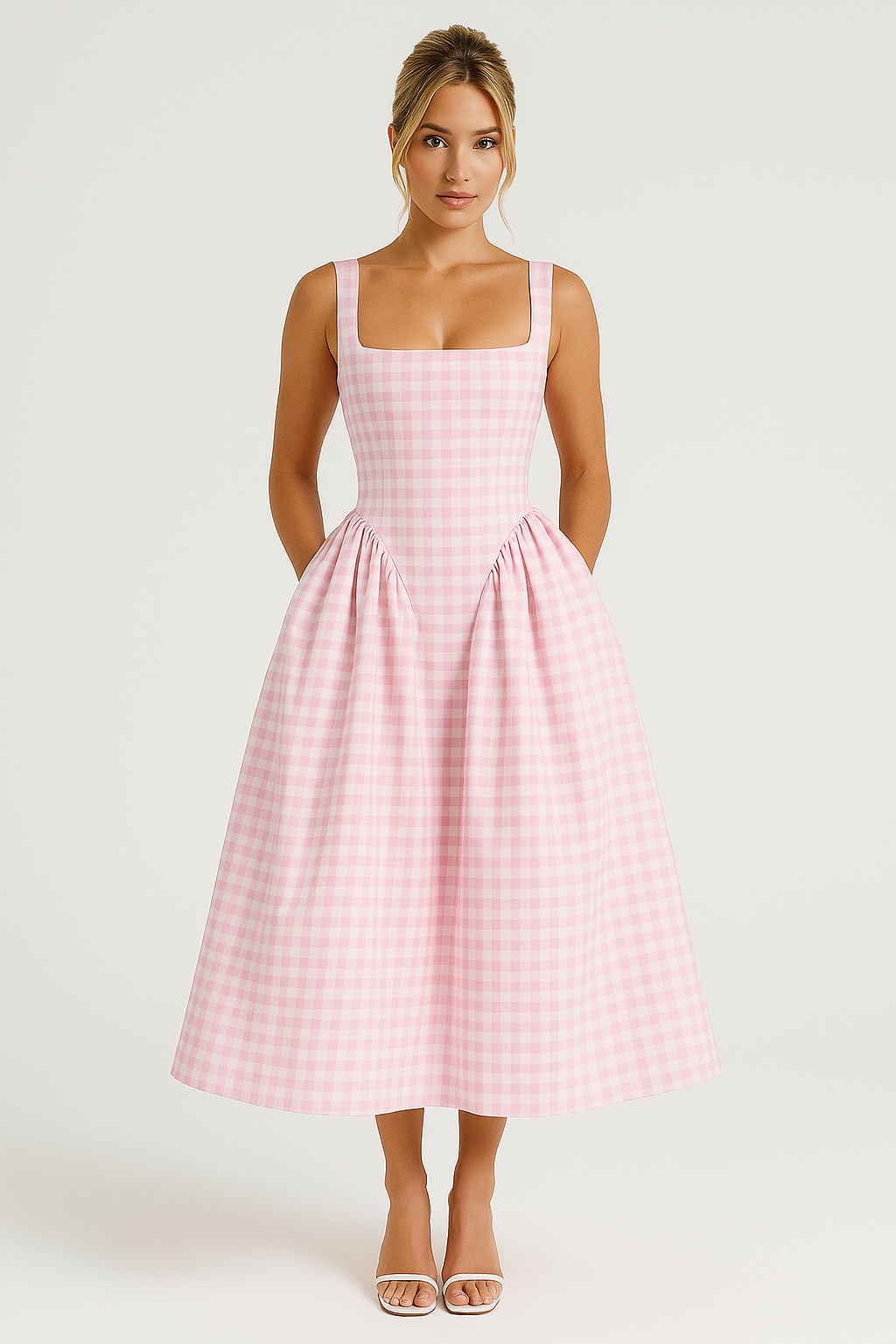 Léna Robe Midi à Carraux et Encolure Carrée