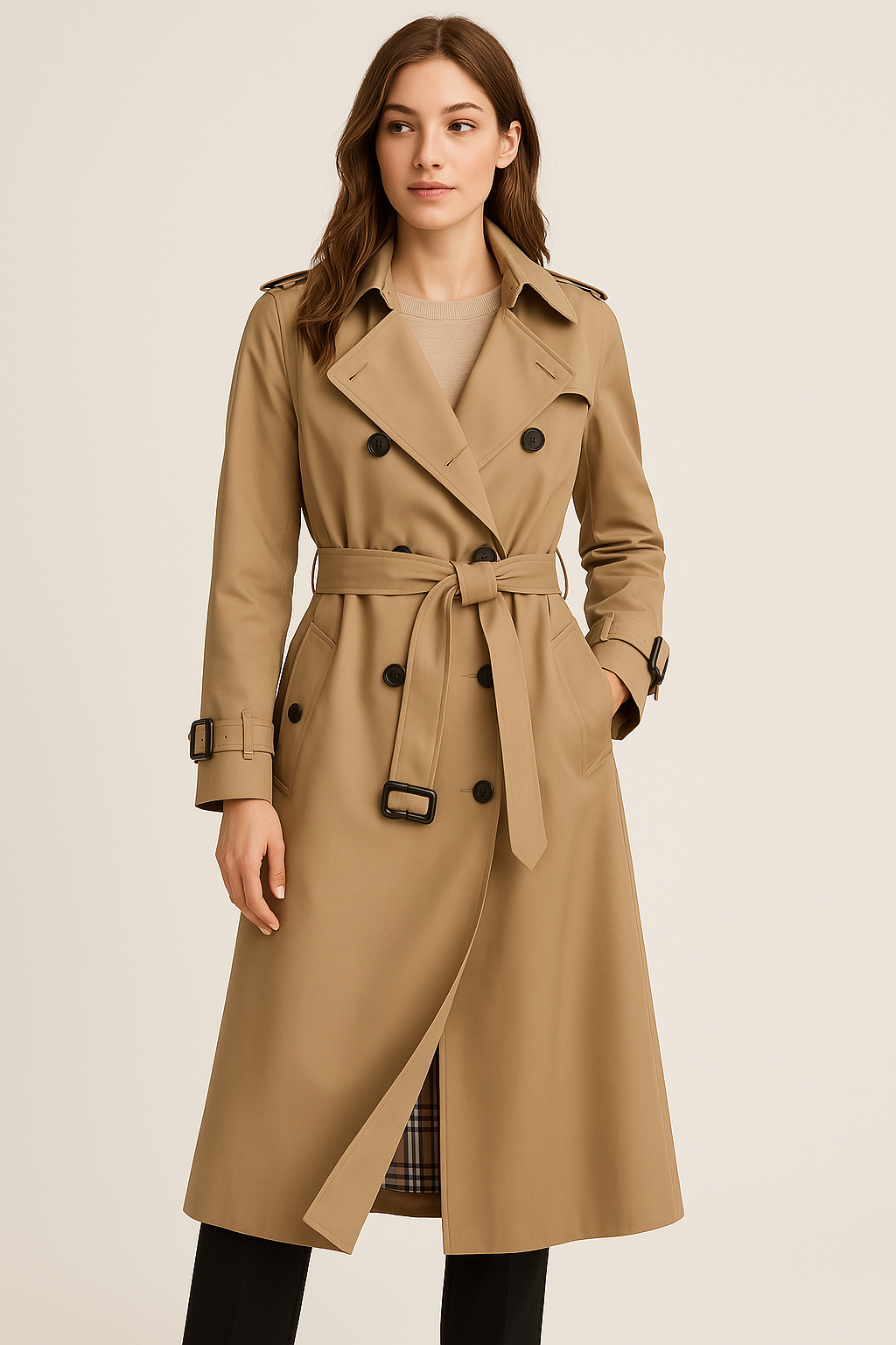 Trench Long Classique pour Femmes à Double Boutonnage avec Ceinture Amovible