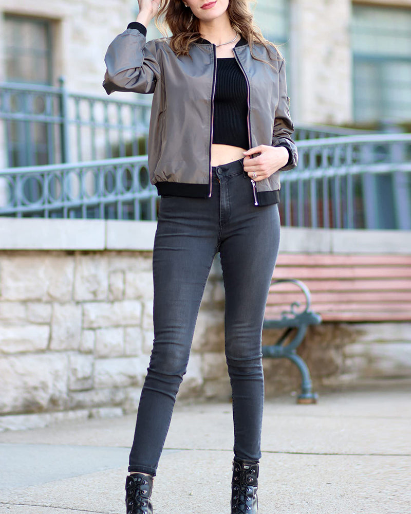 Women's Casual Breathable Fabric Zip Up Bomber Jacket