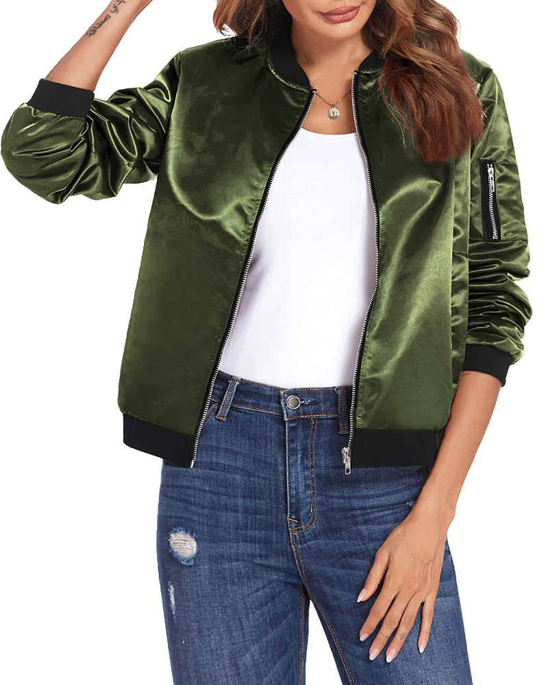 Women's Casual Breathable Fabric Zip Up Bomber Jacket