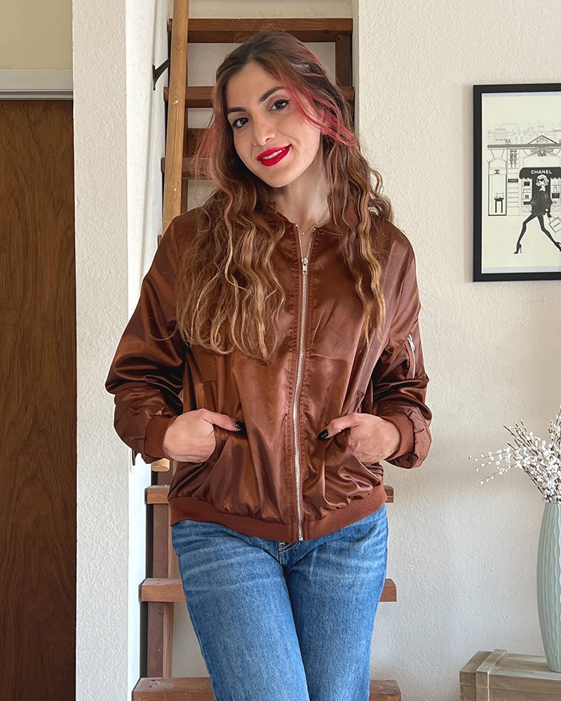 Women's Casual Breathable Fabric Zip Up Bomber Jacket