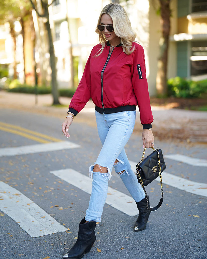 Women's Casual Breathable Fabric Zip Up Bomber Jacket
