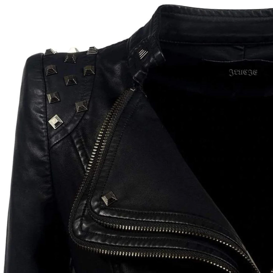 Vesen en Cuir femme - styl motorkář Ajusté - Col et Poignets Clutes - Détails Ziptés