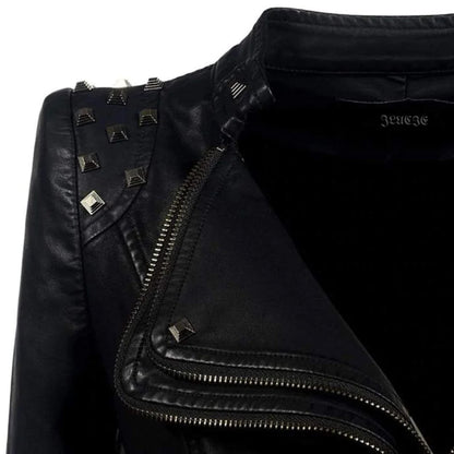 Vesen en Cuir femme - styl motorkář Ajusté - Col et Poignets Clutes - Détails Ziptés