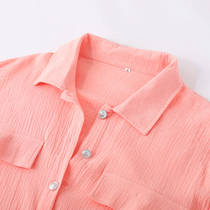Women's Two-Piece Set - Button-Up Shirt & Elastic Waist Trousers - Relaxed Fit