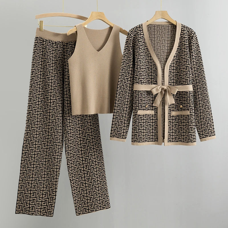 Women's Knit Coordinated Set - Belted Cardigan and High Waisted Pants