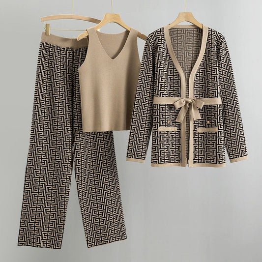 Women's Knit Coordinated Set - Belted Cardigan and High Waisted Pants