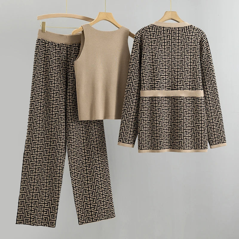Women's Knit Coordinated Set - Belted Cardigan and High Waisted Pants