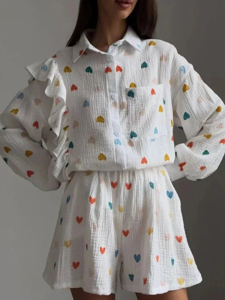 Ensemble Coordonné pour Femme – Blouse Boutonnée Manches Volantées et Short Taille Haute