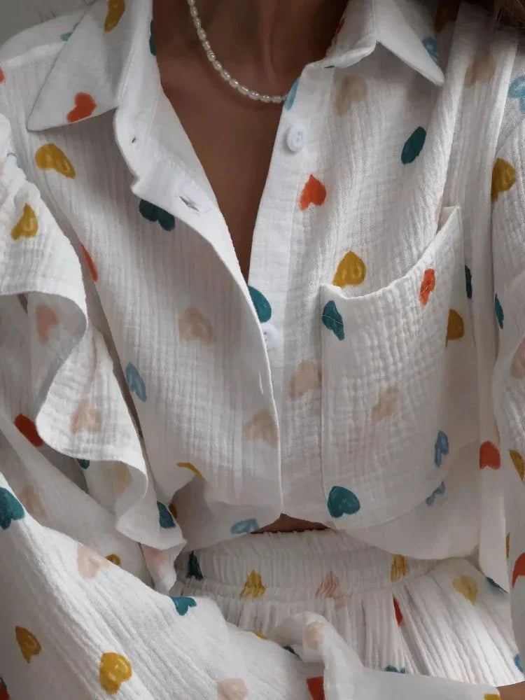 Ensemble Coordonné pour Femme – Blouse Boutonnée Manches Volantées et Short Taille Haute