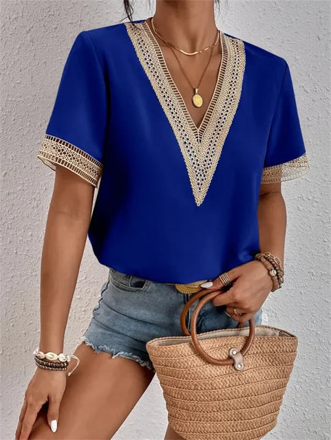 Blouse Femme en Dentelle Délicate – Décolleté en V et Manches Courtes