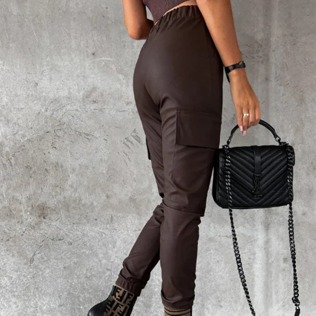Pantalon Femme Taille Haute en Similicuir-Coupe Effilée-Style Cargo Multi-Poches