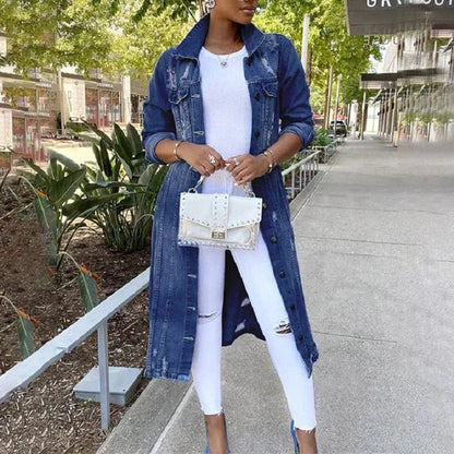 Trench Longue en Jean Décontracté Pour Femmes