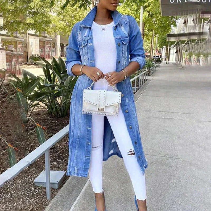 Trench Longue en Jean Décontracté pour Femmes