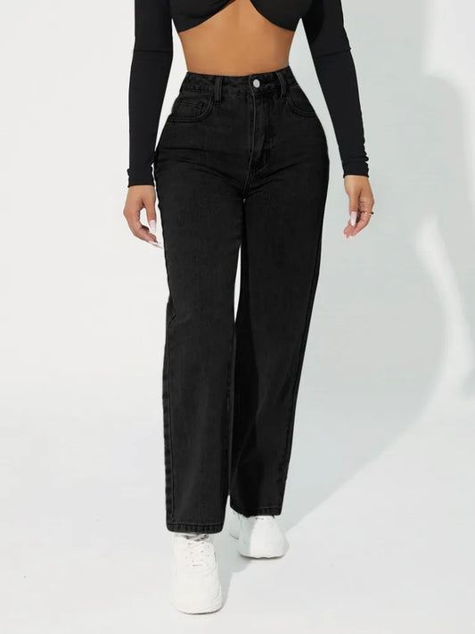 Jean Femme Taille Haute – Coupe Droite Classique – Fermeture Bouton et Zip