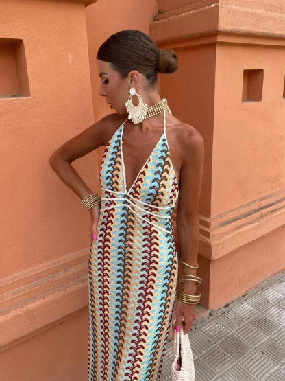Robe d’Été Élégante à Col Halter et Décolleté Plongeant pour Femme