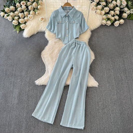 Women's Co-Ord Set - Button-Down Cropped Blouse & Wide Leg Pants - Relaxed Fit