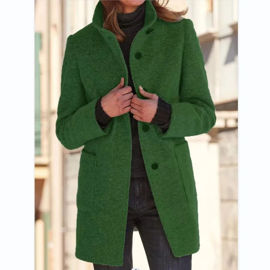 Femme Manteau en Laine Gris à Col Montant avec Poches