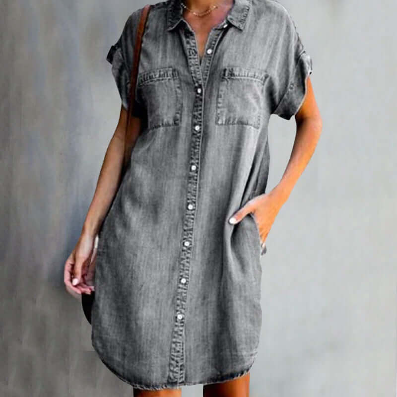 Robe Chemise en Jean à Manches Courtes et Coupe Décontractée pour Femme