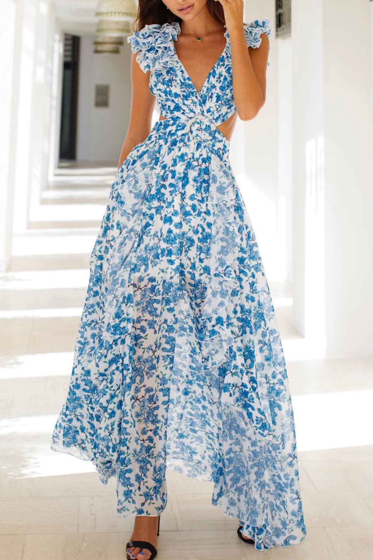 Robe Longue Femme à Volants, Décolleté Plongeant et Taille Découpée