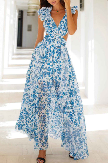 Robe Longue Femme à Volants, Décolleté Plongeant et Taille Découpée