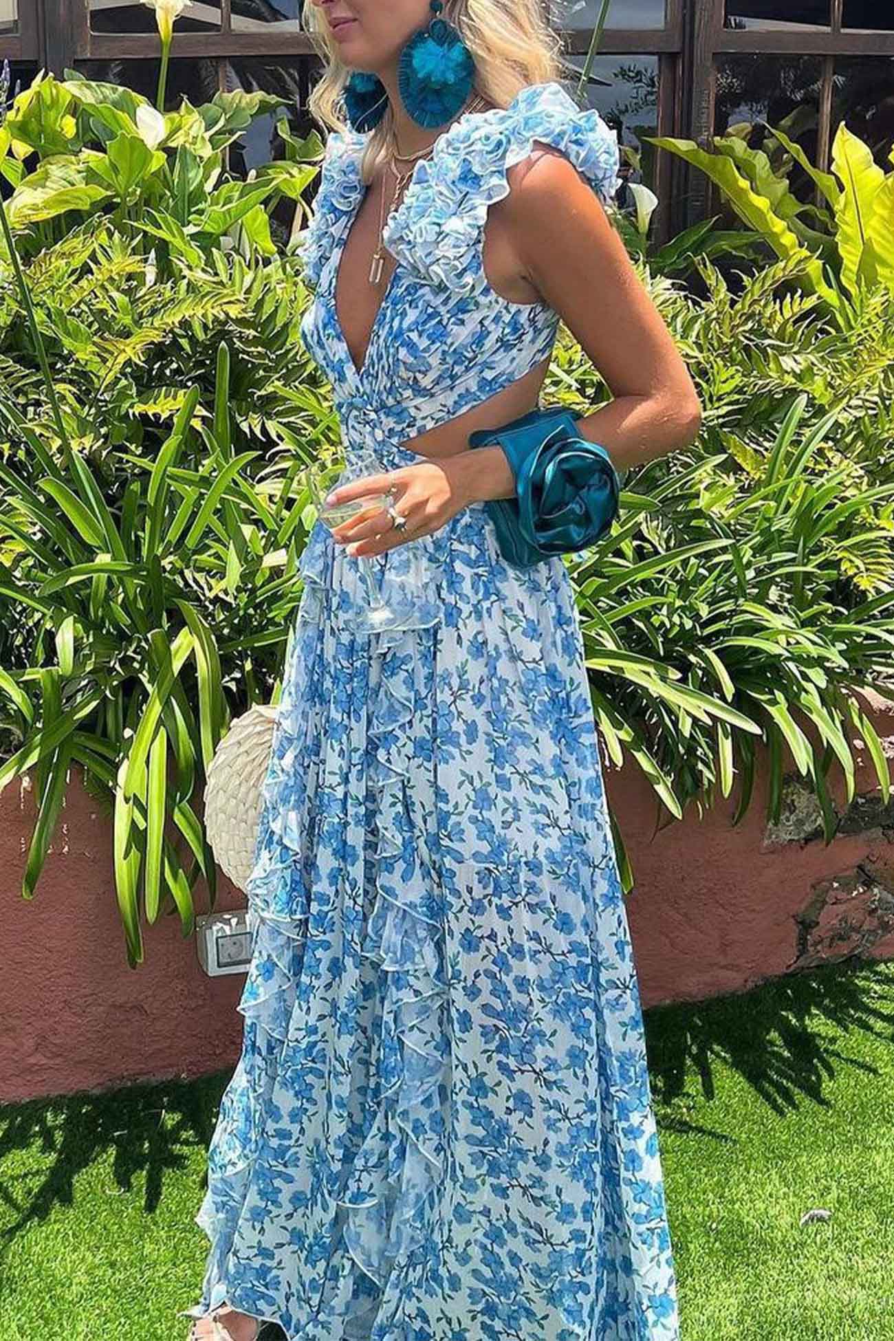 Robe Longue Femme à Volants, Décolleté Plongeant et Taille Découpée