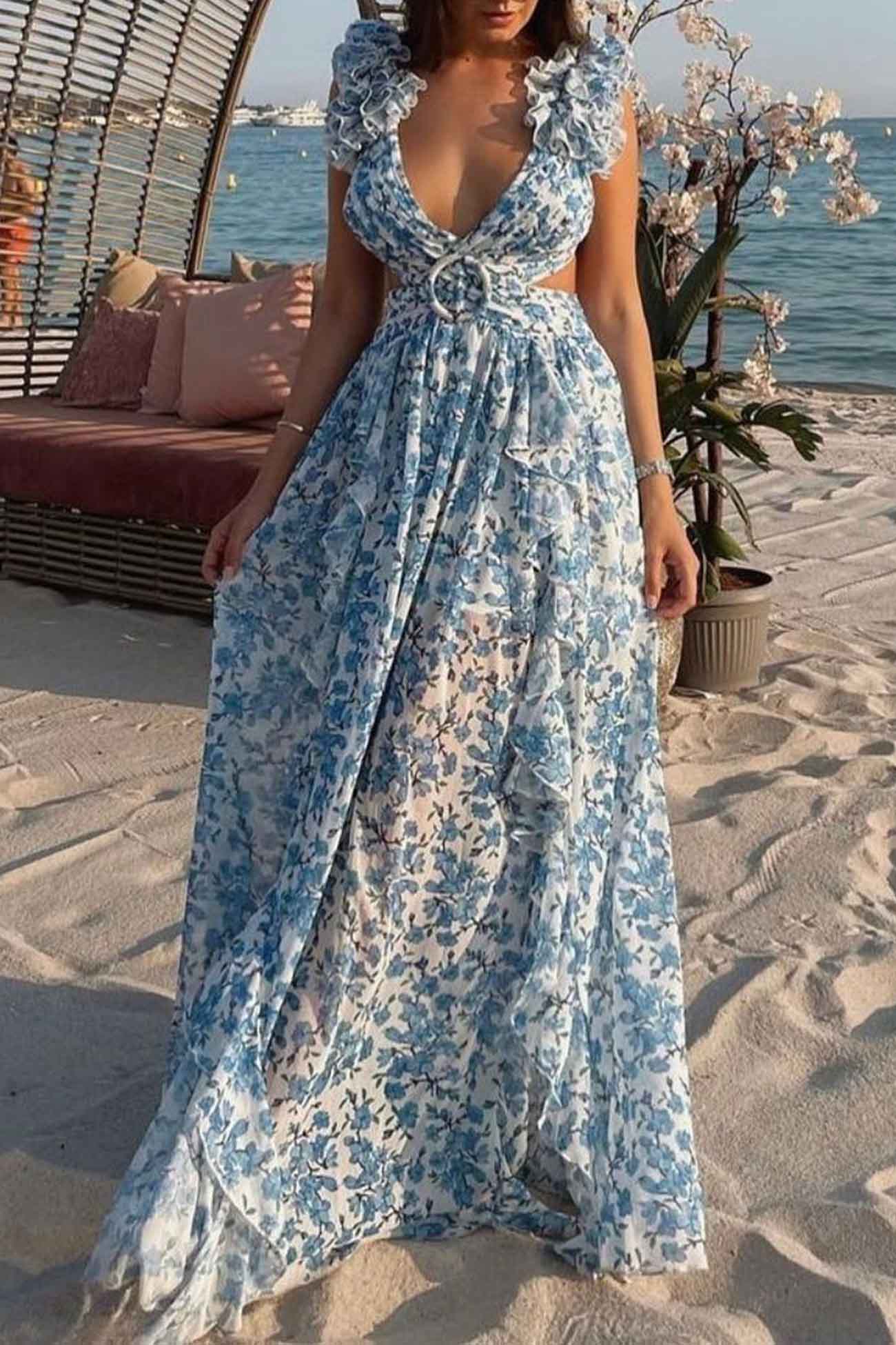 Robe Longue Femme à Volants, Décolleté Plongeant et Taille Découpée