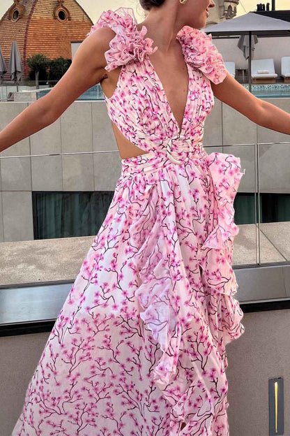 Robe Longue Femme à Volants, Décolleté Plongeant et Taille Découpée