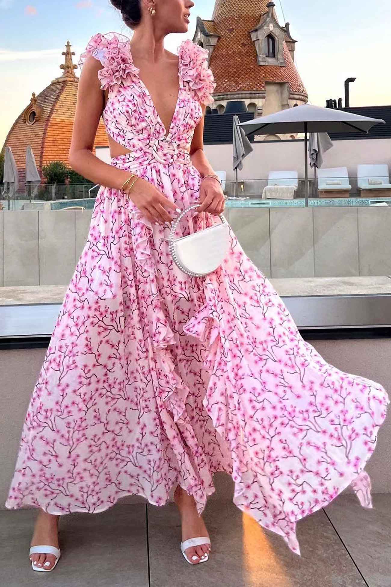 Robe Longue Femme à Volants, Décolleté Plongeant et Taille Découpée