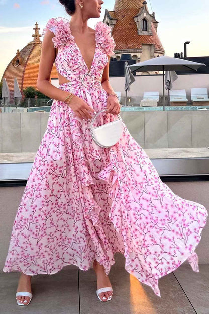 Robe Longue Femme à Volants, Décolleté Plongeant et Taille Découpée