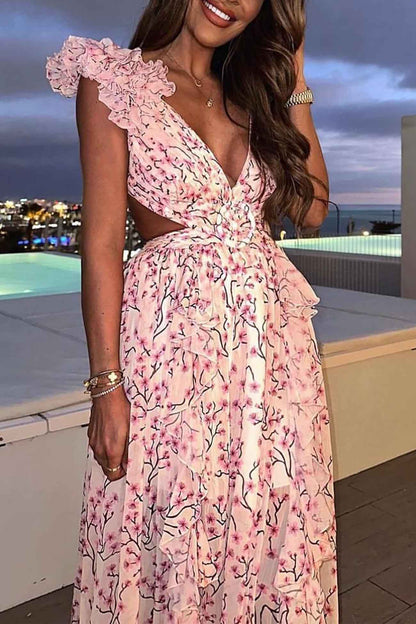 Robe Longue Femme à Volants, Décolleté Plongeant et Taille Découpée