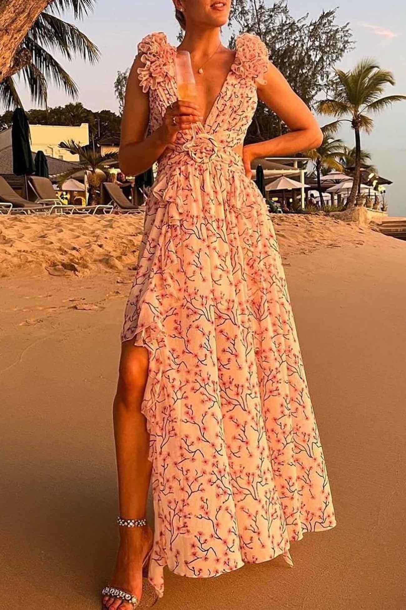 Robe Longue Femme à Volants, Décolleté Plongeant et Taille Découpée