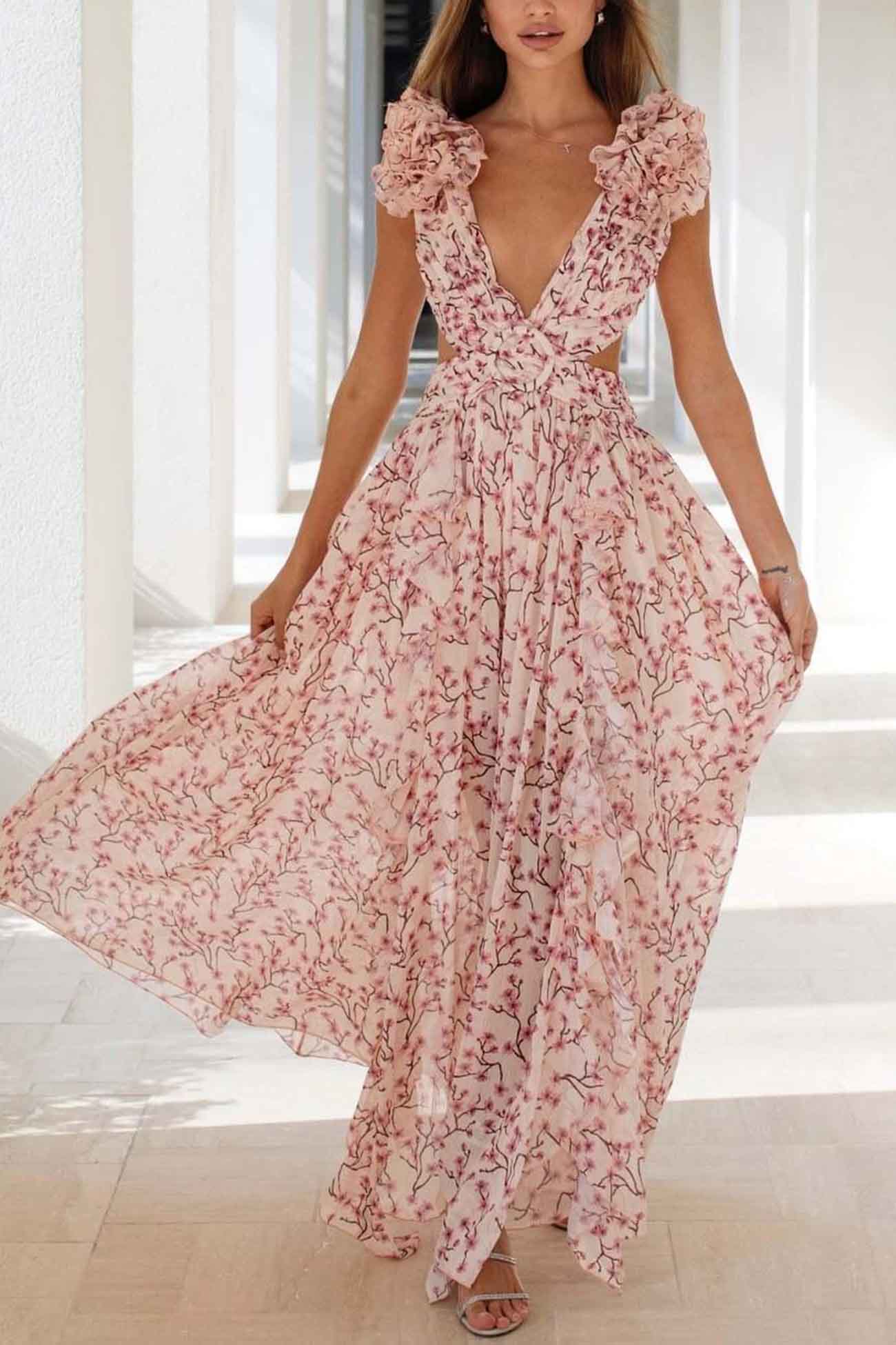 Robe Longue Femme à Volants, Décolleté Plongeant et Taille Découpée
