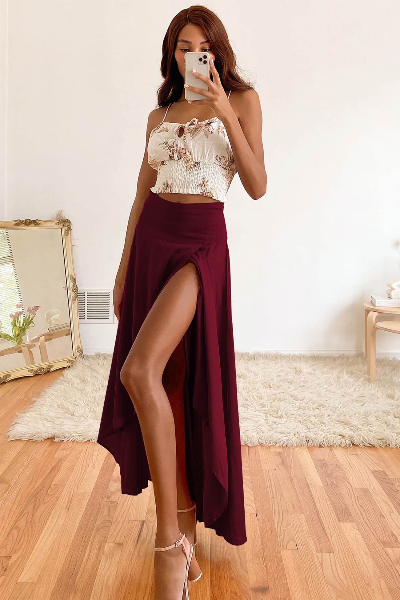 Women's Maxi Skirt - High Waist - Flowy Lightweight Fabric - High Slit Elegant Fit