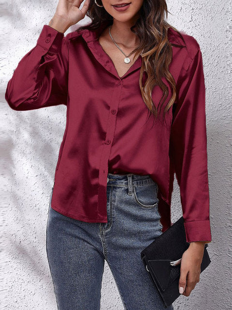 Chemise Satinée Femme – Manches Longues, Coupe Décontractée & Élégante