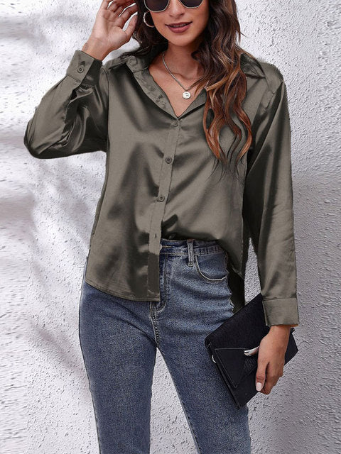 Chemise Satinée Femme – Manches Longues, Coupe Décontractée & Élégante