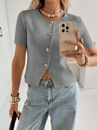 Women's Casual Knit Cardigan – Soft Short Sleeve Button Front Sweater
