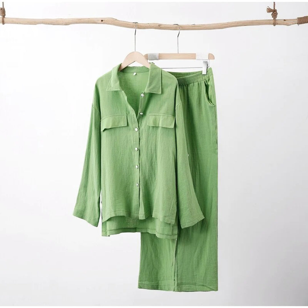 Women's Two-Piece Set - Button-Up Shirt & Elastic Waist Trousers - Relaxed Fit