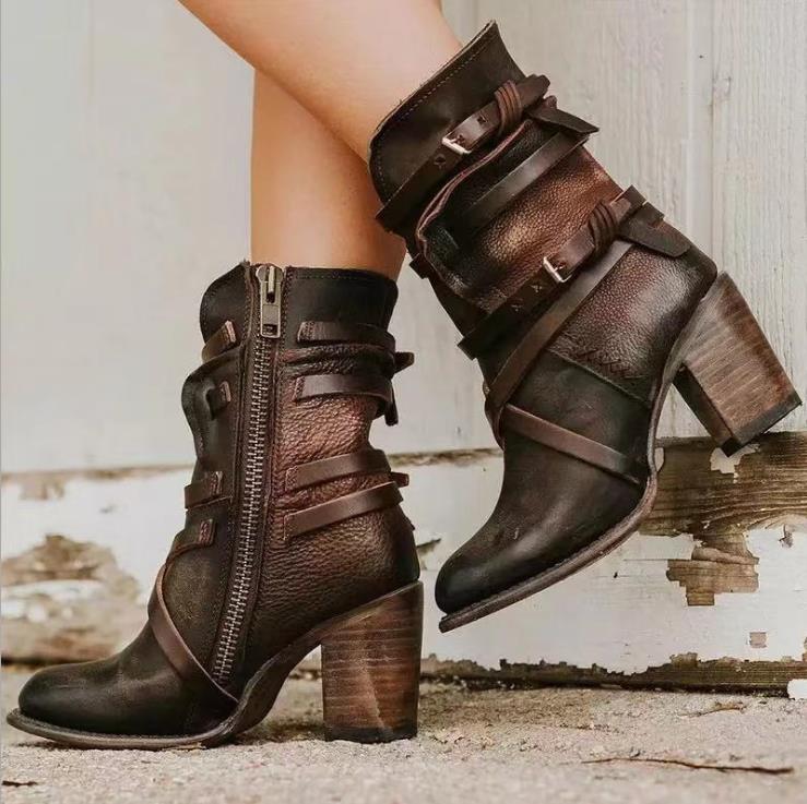 Women's distressed leather ankle boots with chunky heels and buckled straps