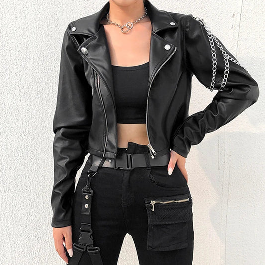 Veste Décontractée Femme en Similicuir – Détails Chaînes Argentées