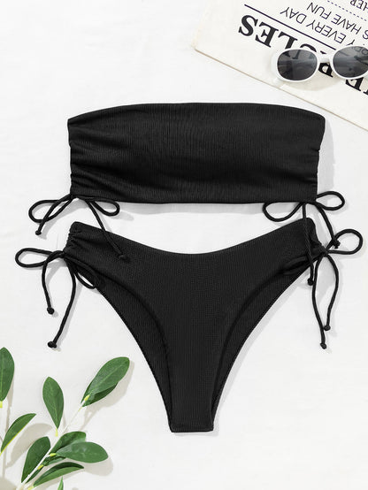 Women's Ribbed Bandeau Bikini - Strapless Top and Side Tie Bottoms