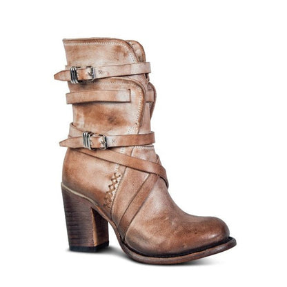 Women's distressed leather ankle boots with chunky heels and buckled straps