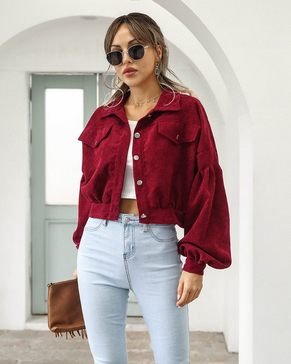 Veste Courte en Velours Côtelé Oversize à Manches Bouffantes pour Femme